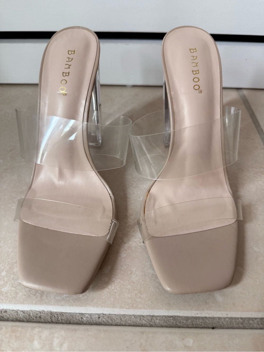 BAMBOO Clear Strap Nude Block Heel Mules